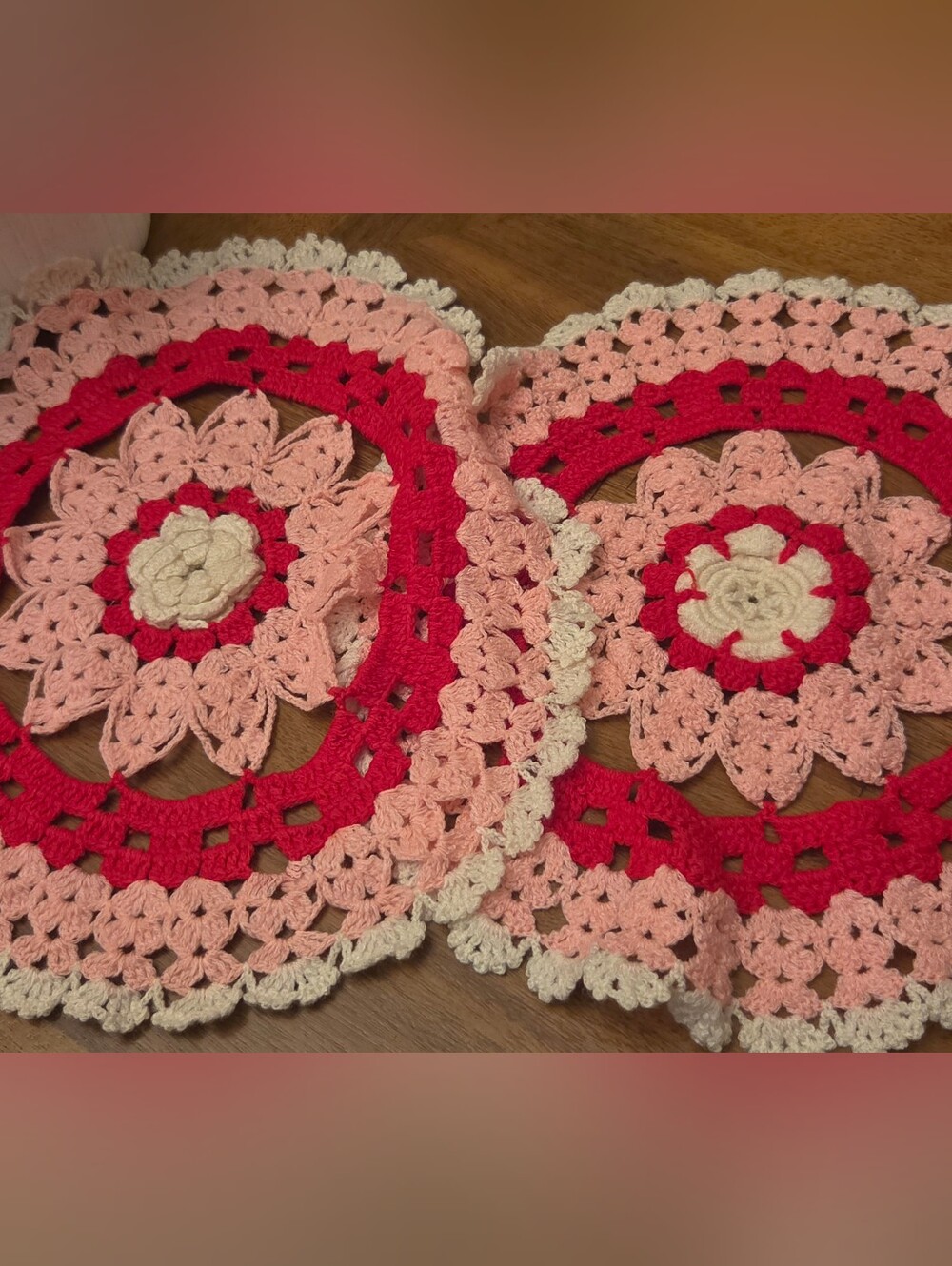 Vintage Crochet Doilies Set of 2 Pink Red Cream Floral 13” Handmade Grandmacore